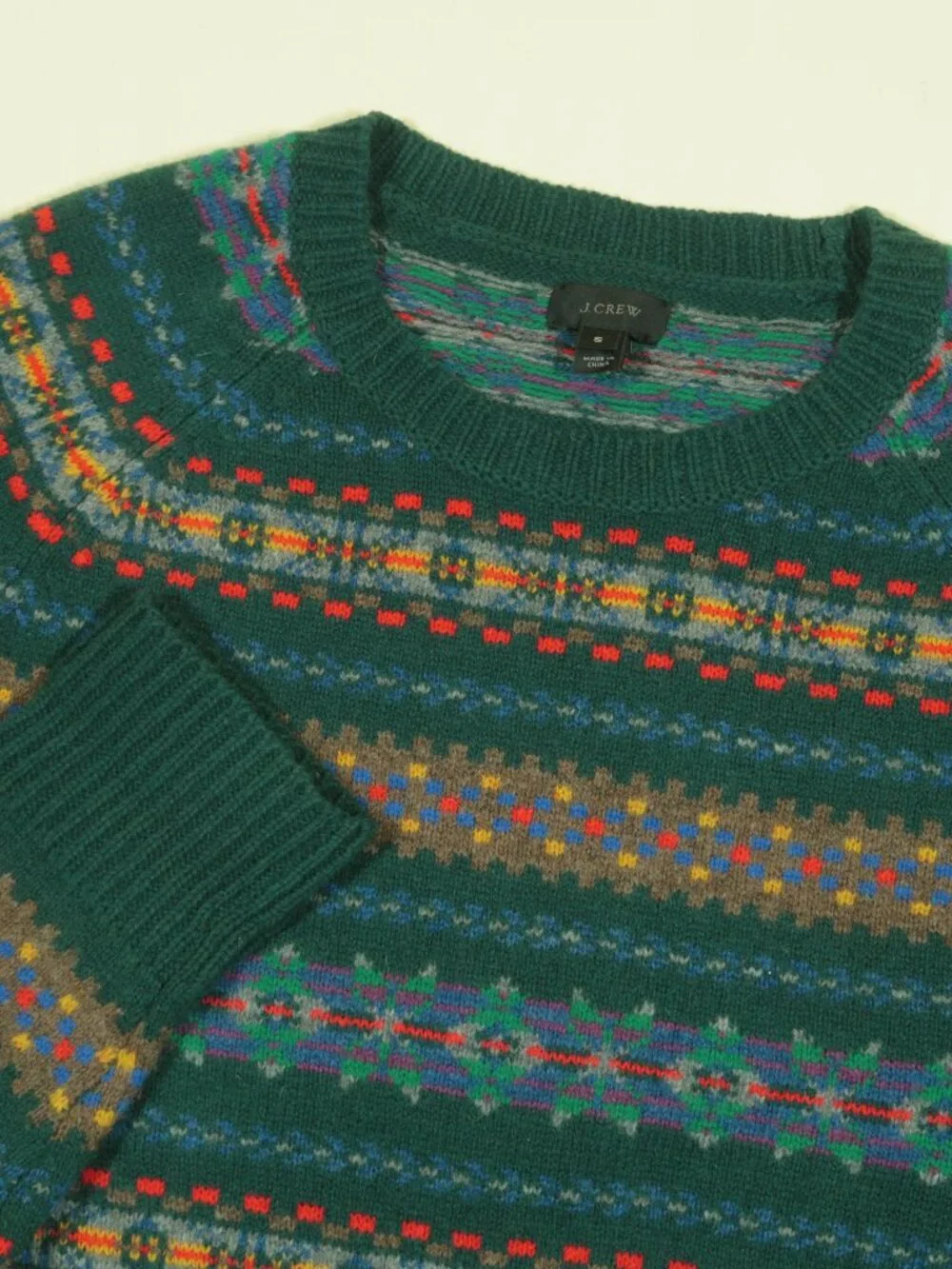 J Crew Lambs Wool Fair Isle Sweater Mens S Teal Green Multi Ribbed Hems New